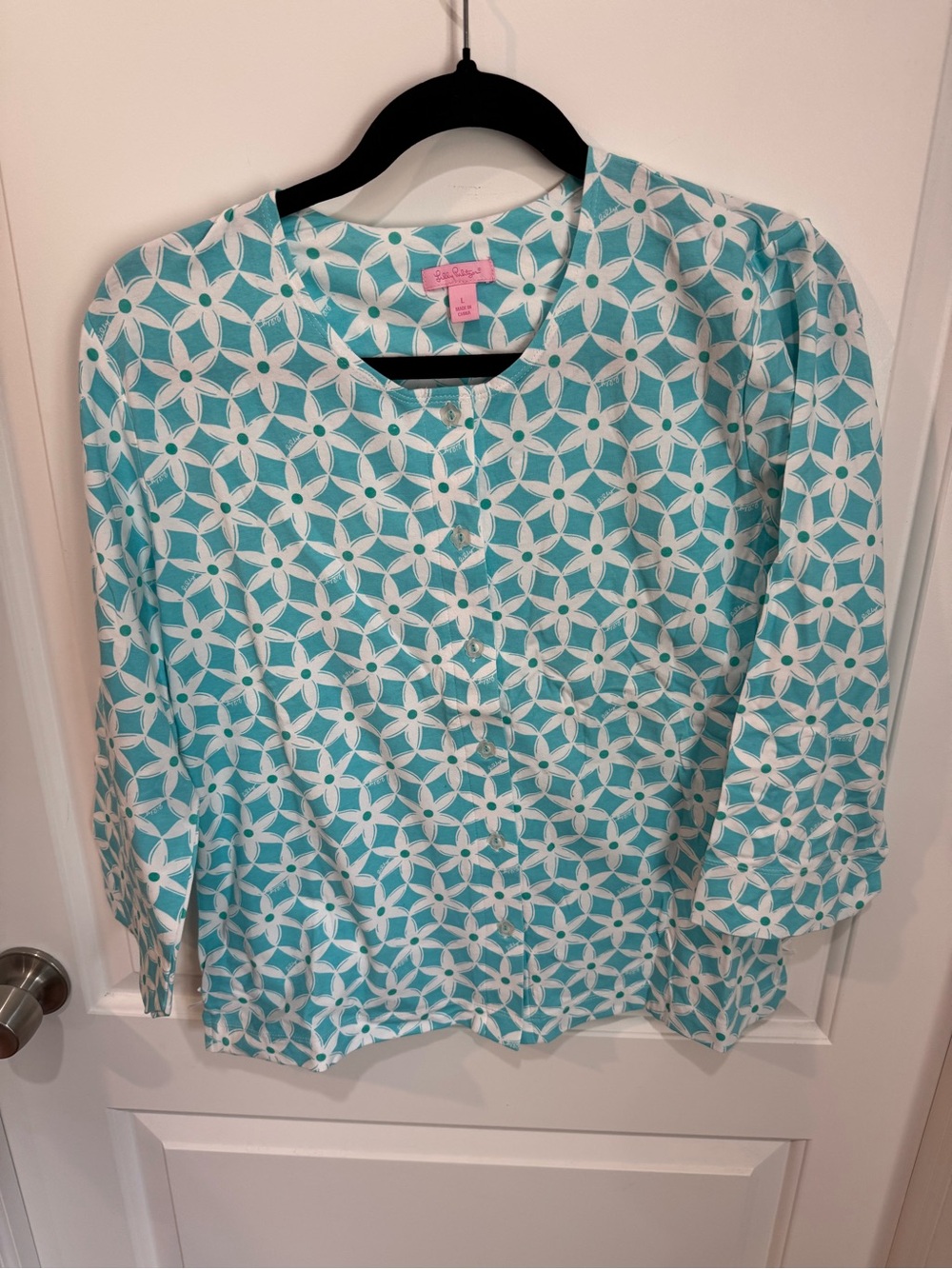 Lilly Pulitzer Aqua & White Geometric Floral Button-Front Top and Bottom pajamas